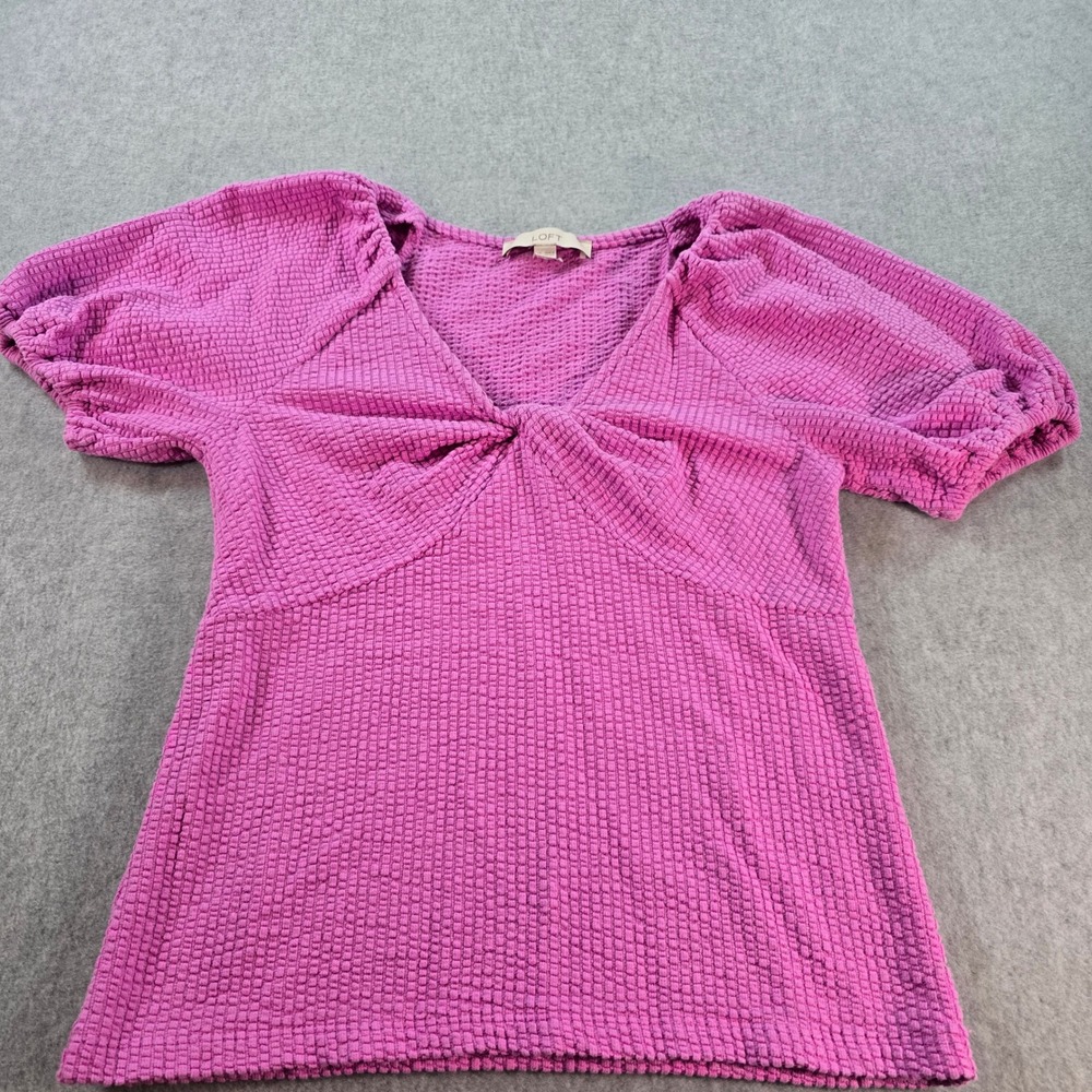 LOFT Textured Twist Front V Neck Puff Sleeve Top Magenta Pink XS